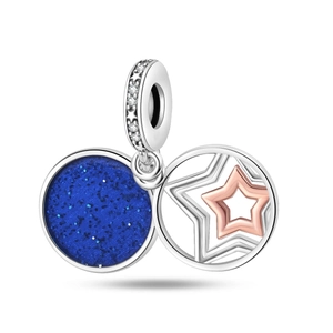 Macro shot of double-dangle space moon charm in silver and rose gold finish