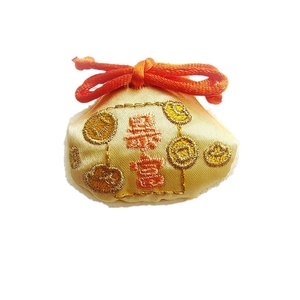 Traditional Chinese fabric fortune bag brooch in beige silk with embroidery