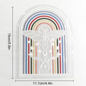 Rainbow suncatcher prism window sticker with moth and mushroom art, size 15x11.1cm
