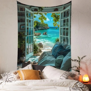 Detail of bohemian beach window tapestry hanging above a bed with cozy warm lighting