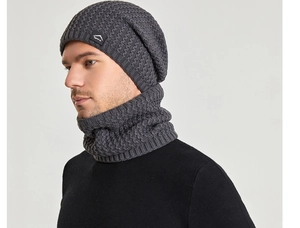 Detailed knit texture and sport logo patch on winter beanie and neck warmer set