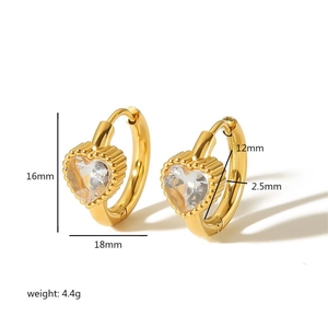 18K gold-plated stainless steel heart-shaped zircon hoop earrings with dimensional data