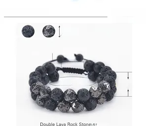 Detail of 10mm double-layer lava stone bracelet with adjustable braided knot cord