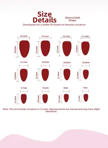 Size chart showing 12 dimensions for almond shaped press-on nails in deep red color