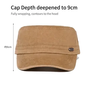 Classic washed cotton flat top army cap in brown with deep 9cm crown for sun protection