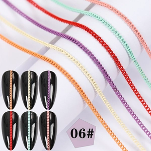 Detailed view of colorful nail art metal chains including orange, mint, and purple styles