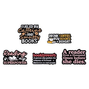5-piece enamel pin set featuring coffee and reading theme on a clean white background