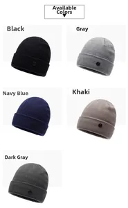 Detail showcasing five color options of knitted beanies with fine ribbed texture and logo