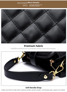 Detail of black quilted leather handbag showing stitching and golden hardware components
