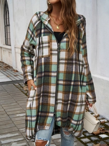 Detail of green and white plaid zip-up hooded cardigan with pockets and relaxed fit