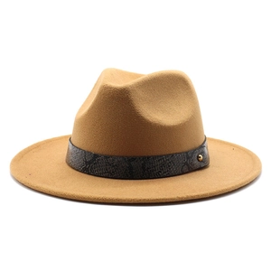 Close-up of snake skin band with gold rivet on a camel wool fedora jazz hat