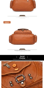Detailed views of brown faux leather backpack with metallic rivets and buckles