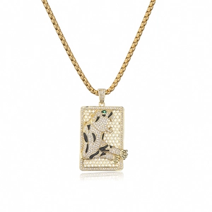 18K gold plated leopard pendant necklace with square frame and green zircon eyes