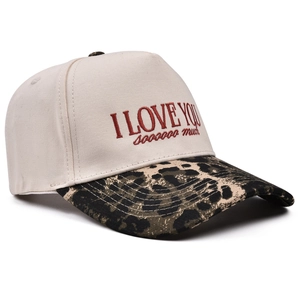 Close-up of I Love You sooooo much embroidery on leopard print brim baseball cap