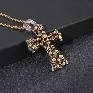Men's punk cross pendant necklace with gold skull heads on silver stainless steel base