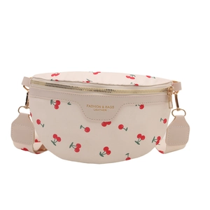Fashionable beige crossbody chest bag with cherry print and premium gold hardware