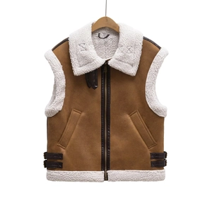 Women Faux Shearling Suede Vest Sleeveless Moto Jacket Fleece Lined Full Zipper Retro Outerwear Casual