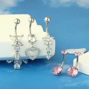5-piece set of stainless steel belly rings with heart and butterfly zircon inlays