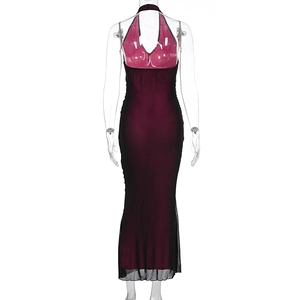 Detail of burgundy mesh halter dress featuring a backless design and sheer black overlay