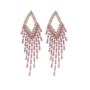 Elegant pink zircon tassel earrings with diamond-shaped studs on a clean white background