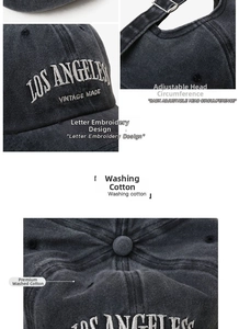 Detail view of washed cotton vintage baseball cap showing embroidery and adjustable metal buckle