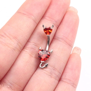 Piercing de nombril diable en argent avec zircons en forme de cœur rouge et petites cornes