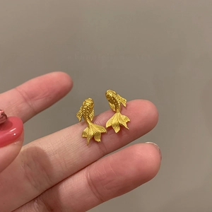Boucles D'Oreilles Puces Carpe Koi Cuivre Plaqué Or 18K Avec Tige En Argent Vintage Élégant Style Chinois Bijoux Femmes