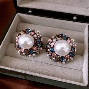 Vintage Round Artificial Pearl Earrings Alloy Rhinestone Crystal Palace Style Ear Studs With Silver Earring Post For Women