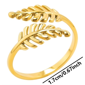 Detailed view of adjustable gold leaf ring with a diameter measurement of 0.67 inch