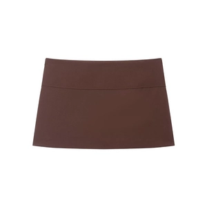 Minimalist dark brown short skort in smooth stretch knit fabric on white background