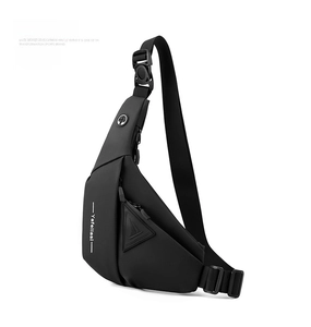 Waterproof black crossbody chest bag with adjustable strap and earphone port detail