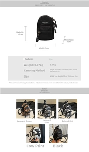 Size specifications for mini animal print crossbody bags including height and strap detail