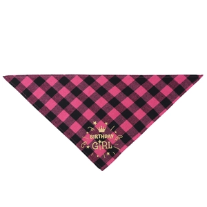 Detailed view of pink buffalo plaid dog bandana with gold Birthday Girl text