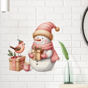 Stickers muraux de Noël roses avec bonhomme de neige, oiseaux rouges et cadeaux