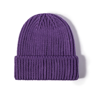 Deep purple ribbed knit beanie hat with wide fold-up cuff for autumn and winter warmth