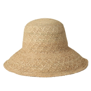 Handwoven raffia sun hat for women with wide brim and intricate openwork weave