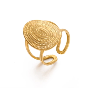 French vintage style oval geometric ring in gold finish with embossed pattern