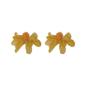 Elegant yellow lace flower stud earrings with 3D acrylic petals and bead stamens