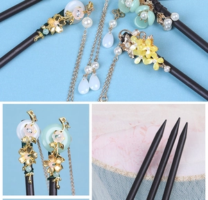 Detail of wooden hair stick with golden alloy flower, pearls, and jade tassel ornaments