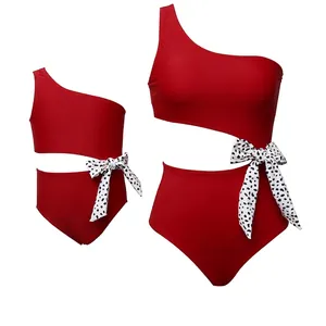 Mother Daughter Family Matching Swimwear Asymmetric Shoulder Cutout Waist Monokini Bathing Suit Tropical Floral Bow