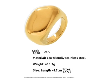 Detail view of gold stainless steel ring with 13.3g weight and 1.7cm size specs
