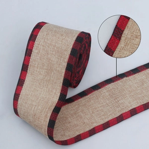 Christmas burlap ribbon with red and black plaid edges for holiday tree decor and DIY