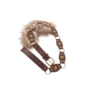 Ceinture bohème en cuir marron avec bordure en fausse fourrure et rivets en bronze vintage