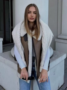 Y2K brown faux leather vest with beige shearling trim and large shearling collar