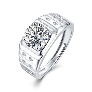 Macro shot of silver men's moissanite ring with adjustable band and luxury side stones