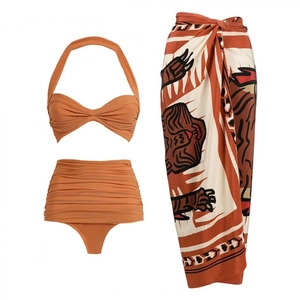 Dreiteiliges Bikini-Set in Orange mit Tigerprint-Sarong und hoher Taille für Damen