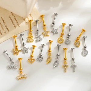 Elegant micro-set zircon lip studs featuring heart, star, and cherry charms in gold and silver