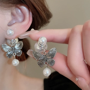 French vintage silver butterfly earrings with elegant faux pearl pendants for women