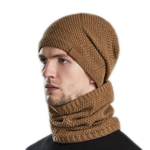 Men's winter knit beanie and neck warmer set in brown thick fleece lining for warmth