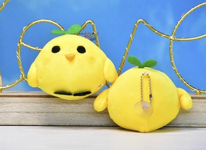 Adorable yellow chick plush keychain with green sprout head and suction cup hanger
